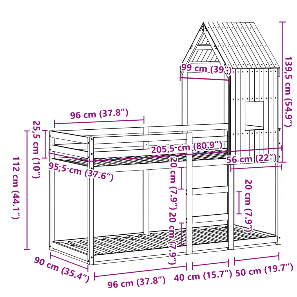 vidaXL Køyeseng med tak voksbrun 90x200 cm heltre furu