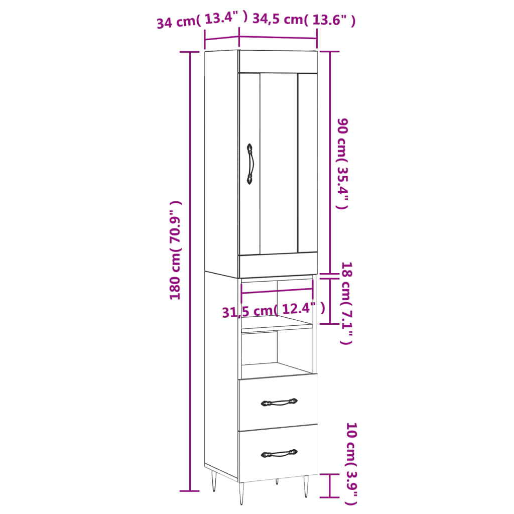 vidaXL Highboard hvit 34,5x34x180 cm konstruert tre