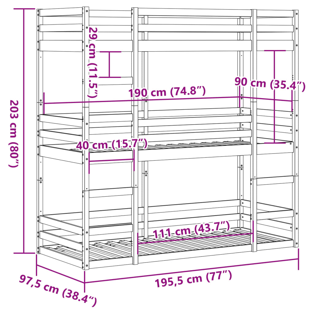 vidaXL Trippel køyeseng voksbrun 90x190 cm heltre furu