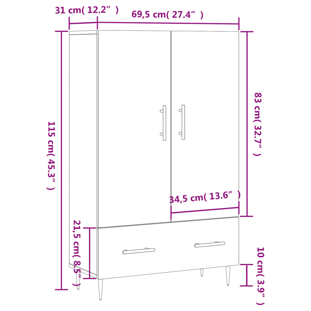 vidaXL Highboard grå sonoma 69,5x31x115 cm konstruert tre