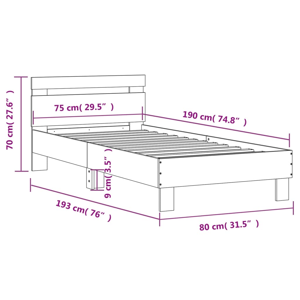 vidaXL Sengeramme med hodegavl betonggrå 75x190 cm konstruert tre