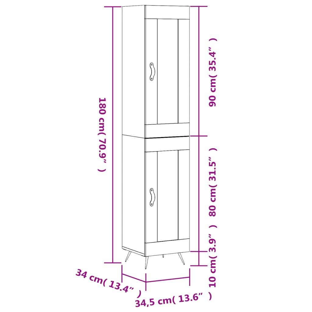 vidaXL Highboard høyglans hvit 34,5x34x180 cm konstruert tre