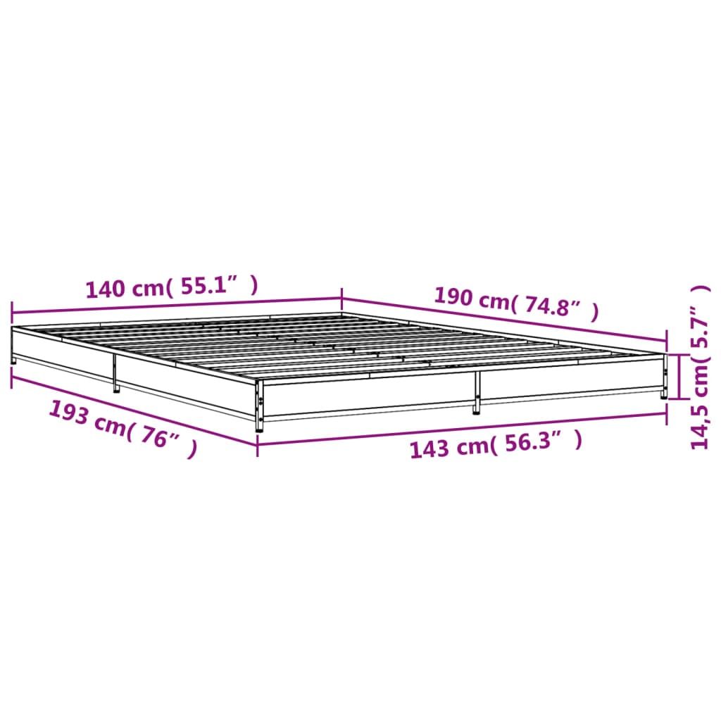 vidaXL Sengeramme røkt eik 140x190 cm konstruert tre og metall