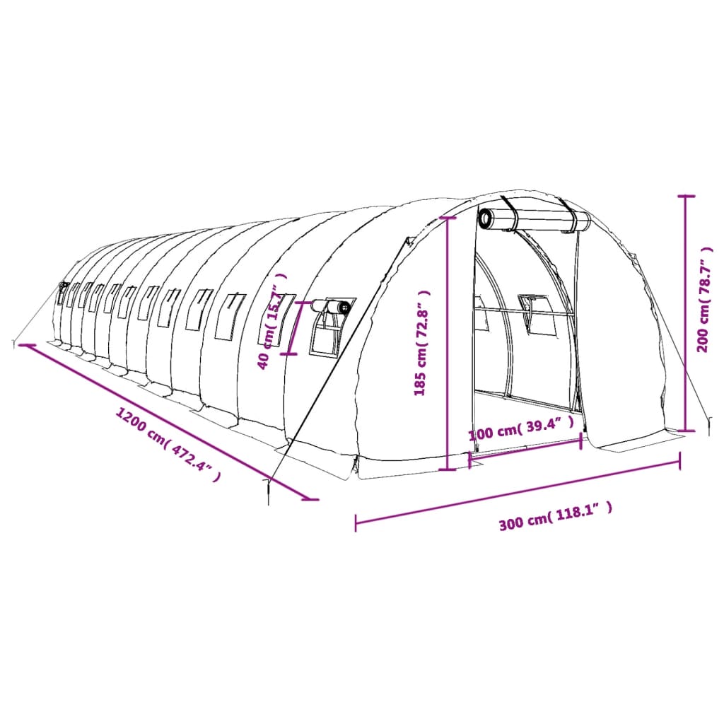 vidaXL Drivhus med stålramme grønn 36 m² 12x3x2 m