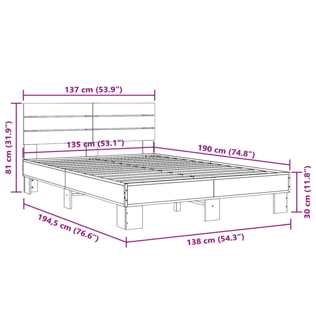 vidaXL Sengeramme brun eik 135x190 cm konstruert tre og metall