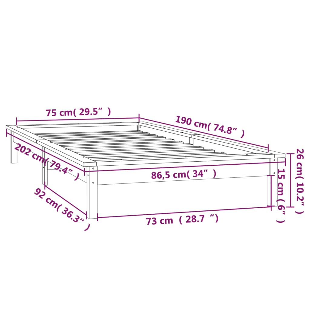 vidaXL Sengeramme med LED grå 75x190 cm Small Single heltre