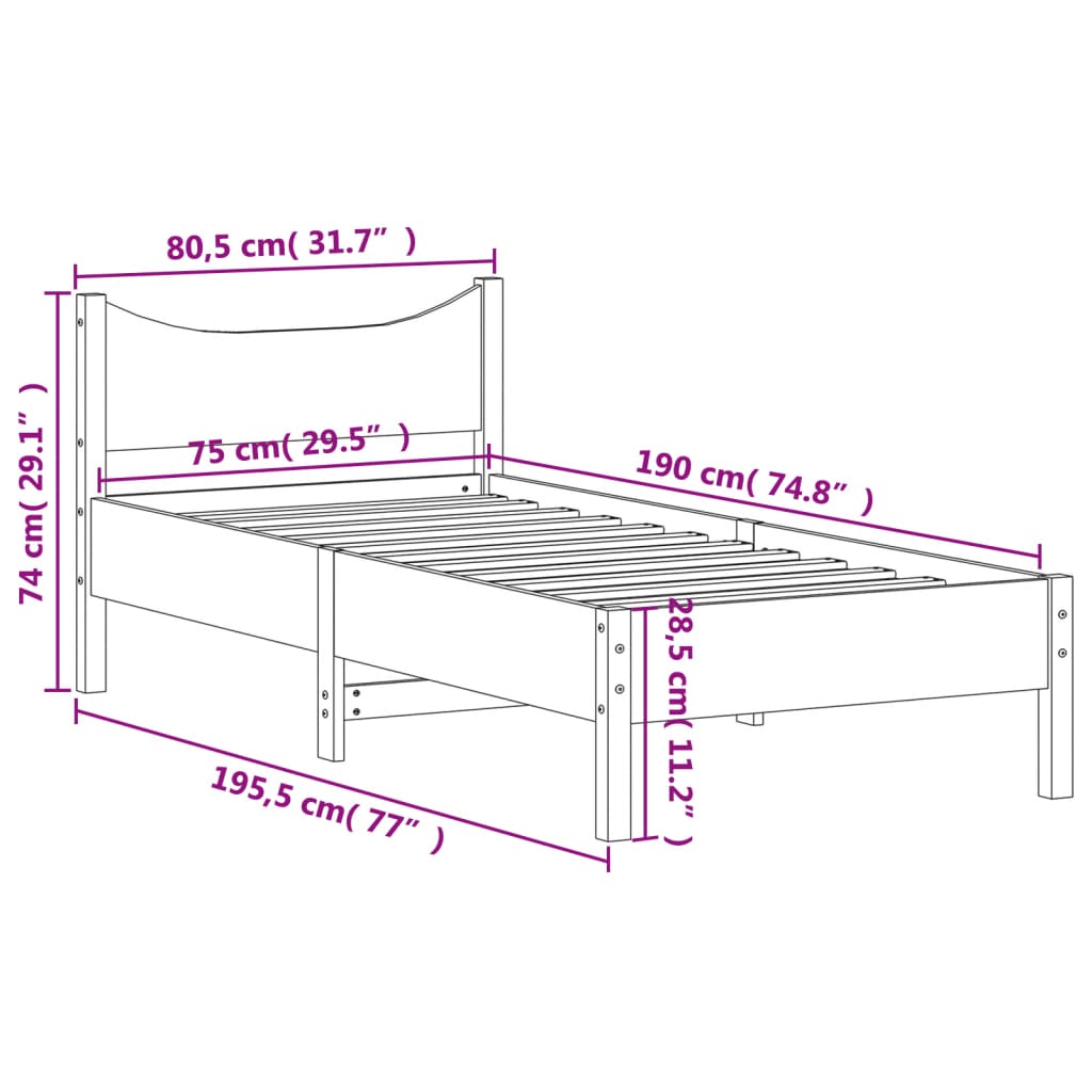 vidaXL Sengeramme hvit 75x190 cm heltre furu